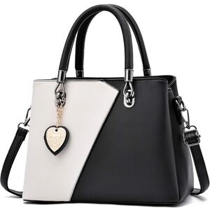 Two Tone Black and White Handbag with Heart Charm Shoulder Bag Purse